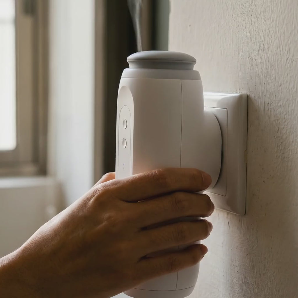 Plugging the diffuser into the wall, cold-air mist rising