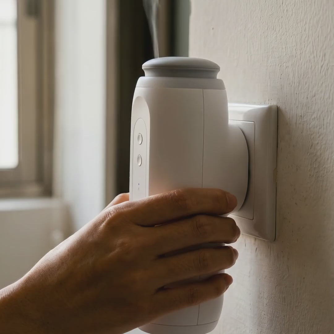 Plugging the diffuser into the wall, cold-air mist rising