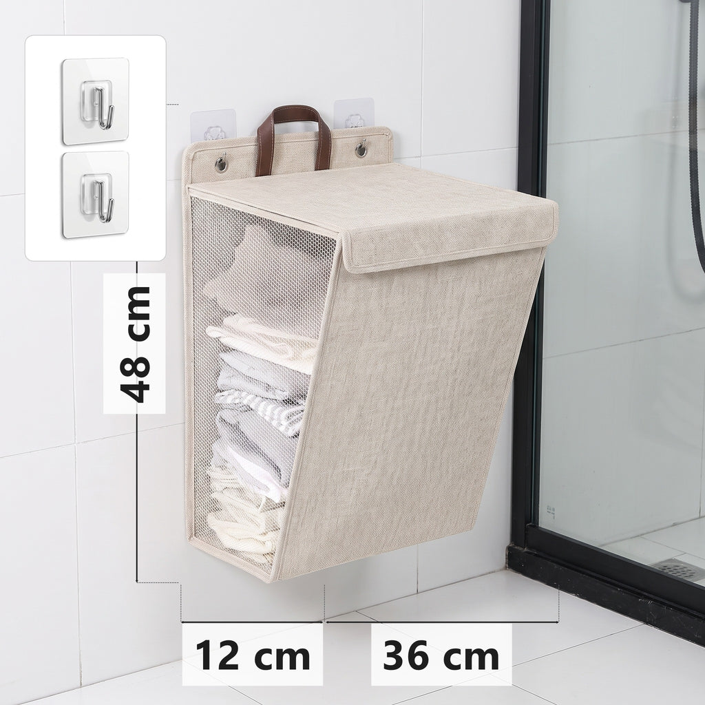 Beige wall-mounted folding laundry hamper, 48 x 36 x 12 cm, with adhesive hooks