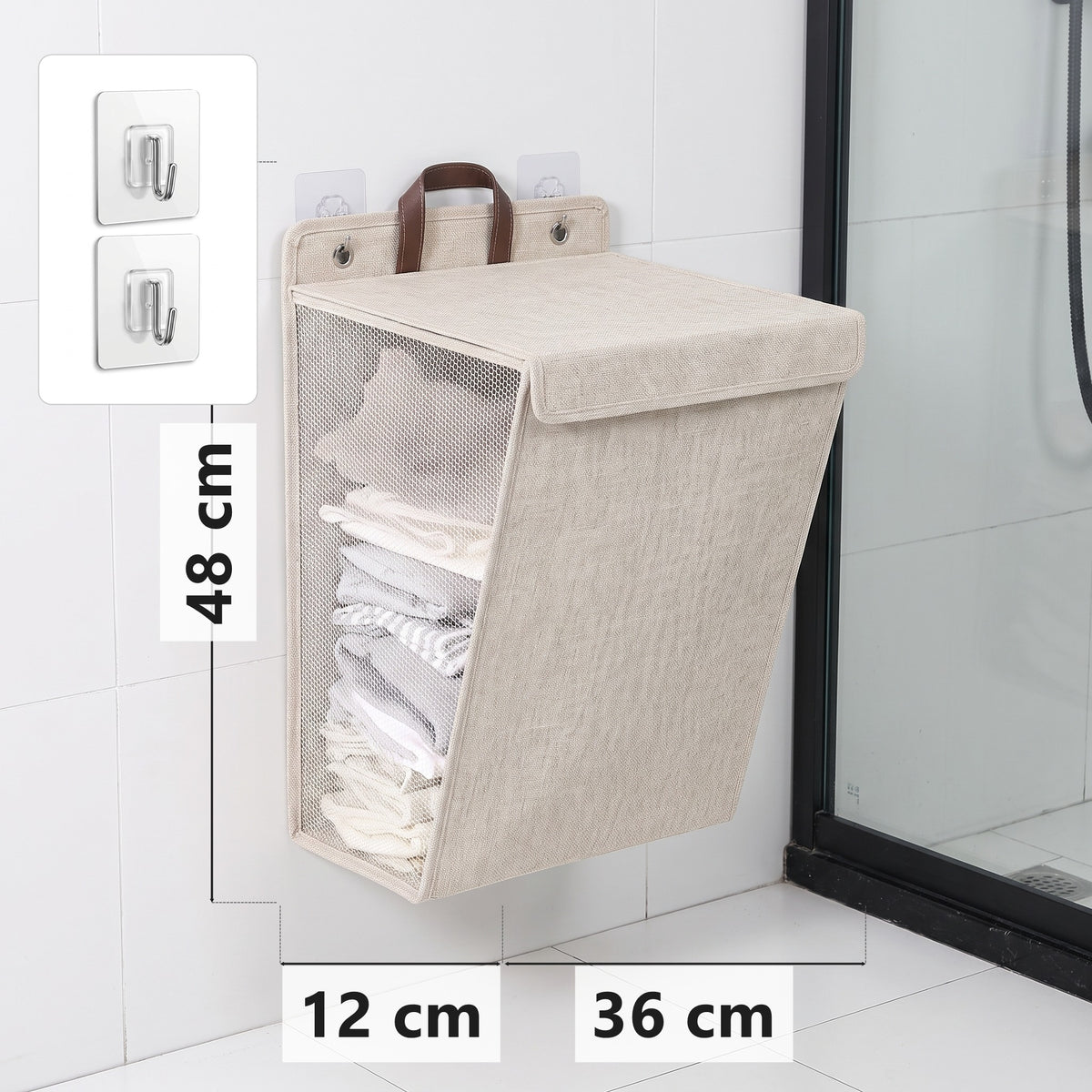 Beige wall-mounted folding laundry hamper, 48 x 36 x 12 cm, with adhesive hooks