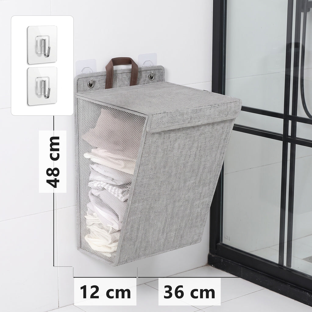 Grey wall-mounted folding laundry hamper, 48 x 36 x 12 cm, with adhesive hooks