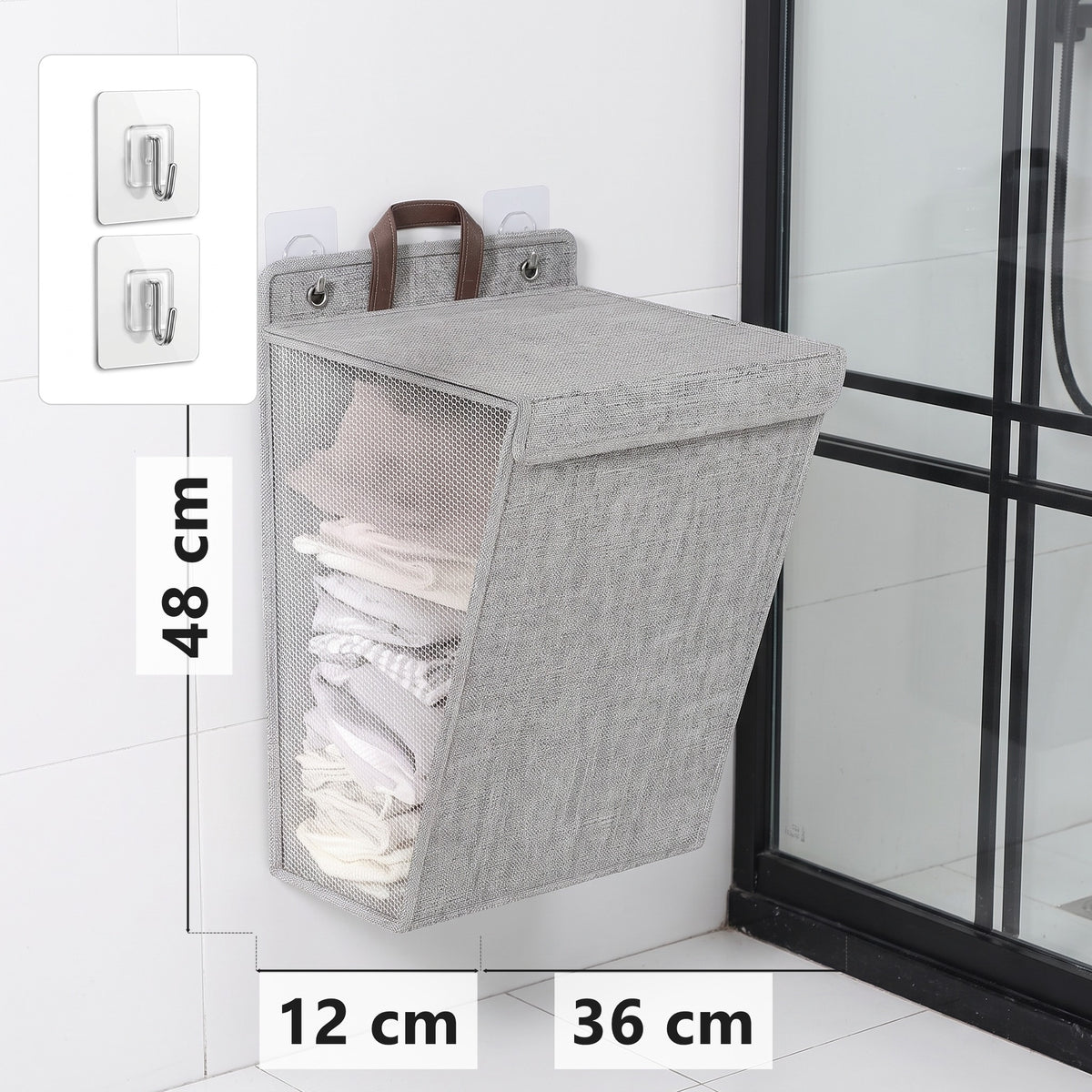 Grey wall-mounted folding laundry hamper, 48 x 36 x 12 cm, with adhesive hooks