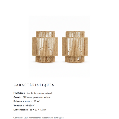 Caracteristiques : corde de chanvre, culot E27, 60 W, 85-230 V, 25 x 23 x 12 cm