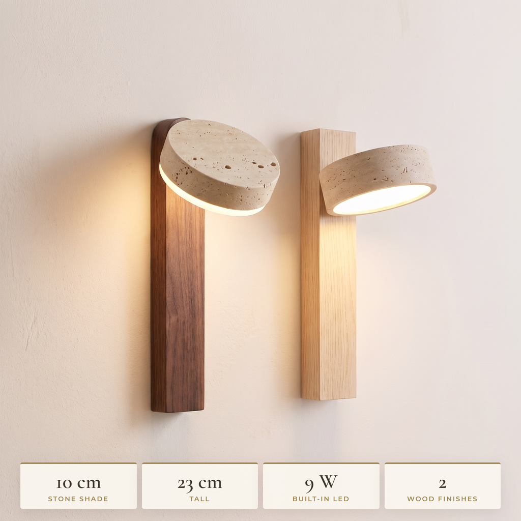 Key figures: 10 cm stone shade, 23 cm tall, 9 W LED, 2 wood finishes
