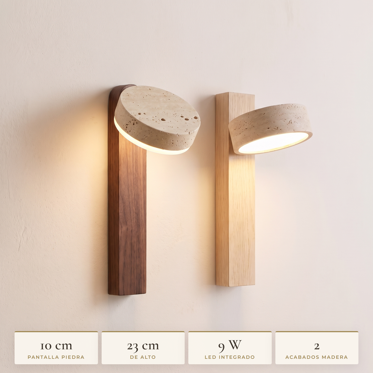 Key figures: 10 cm stone shade, 23 cm tall, 9 W LED, 2 wood finishes