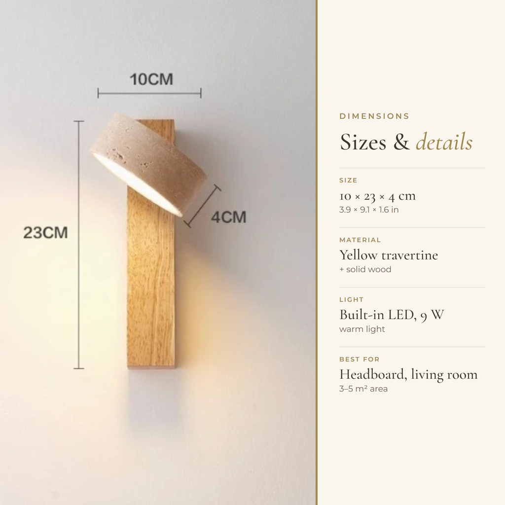 Dimensions of the natural wood travertine sconce: 10 x 23 x 4 cm