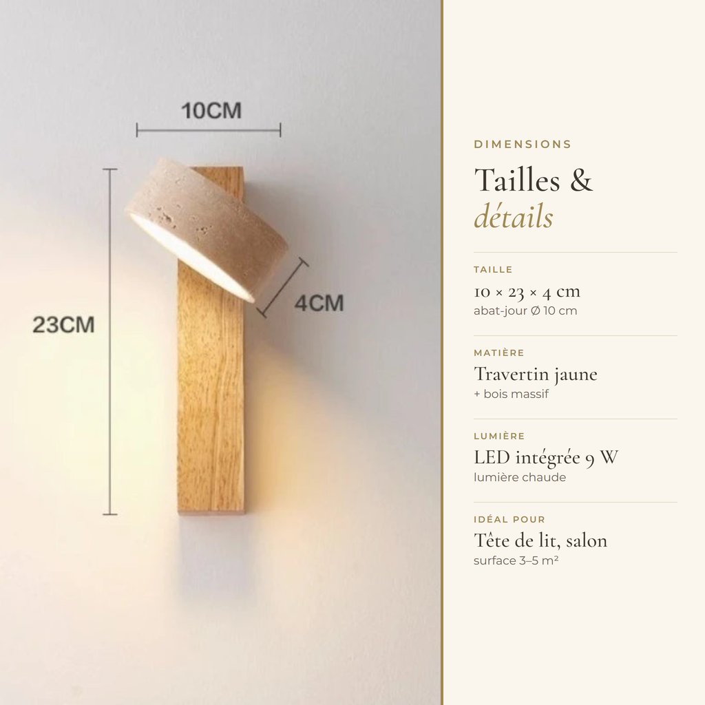 Dimensions of the natural wood travertine sconce: 10 x 23 x 4 cm