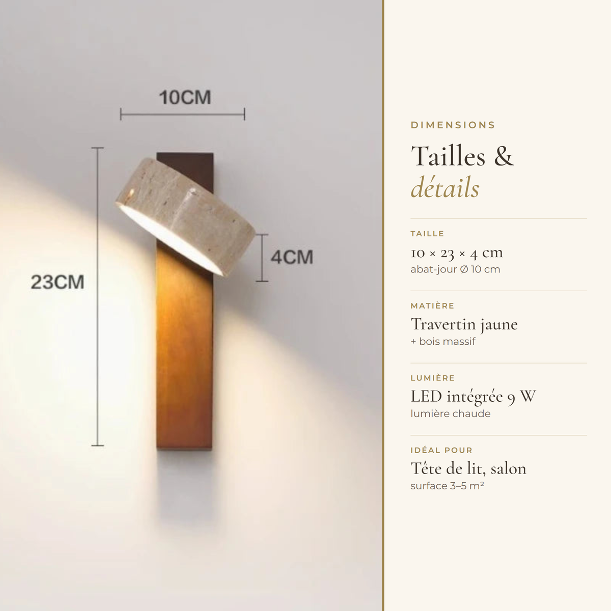 Dimensions of the walnut travertine sconce: 10 x 23 x 4 cm