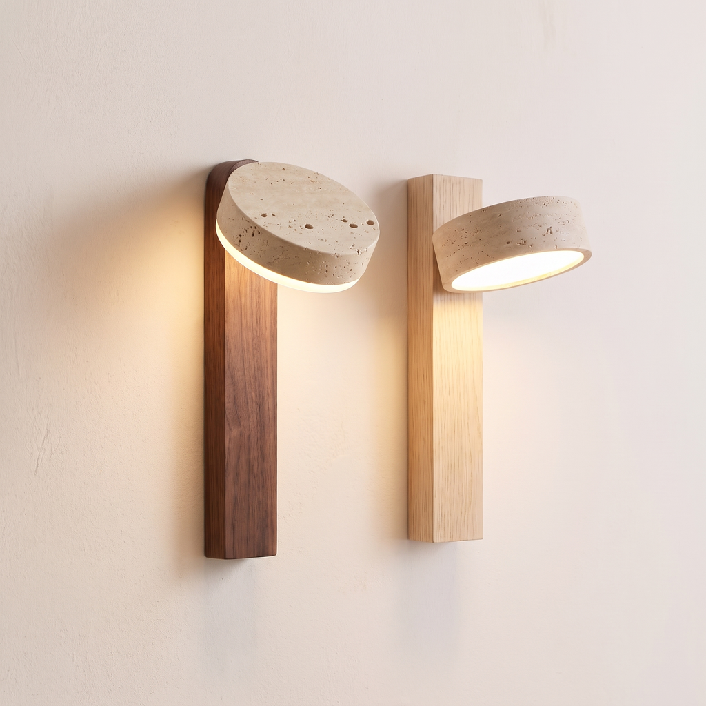The walnut and the natural wood sconce side by side