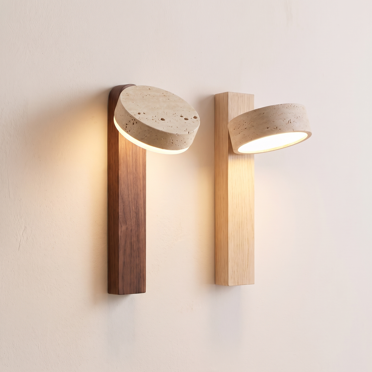 The walnut and the natural wood sconce side by side