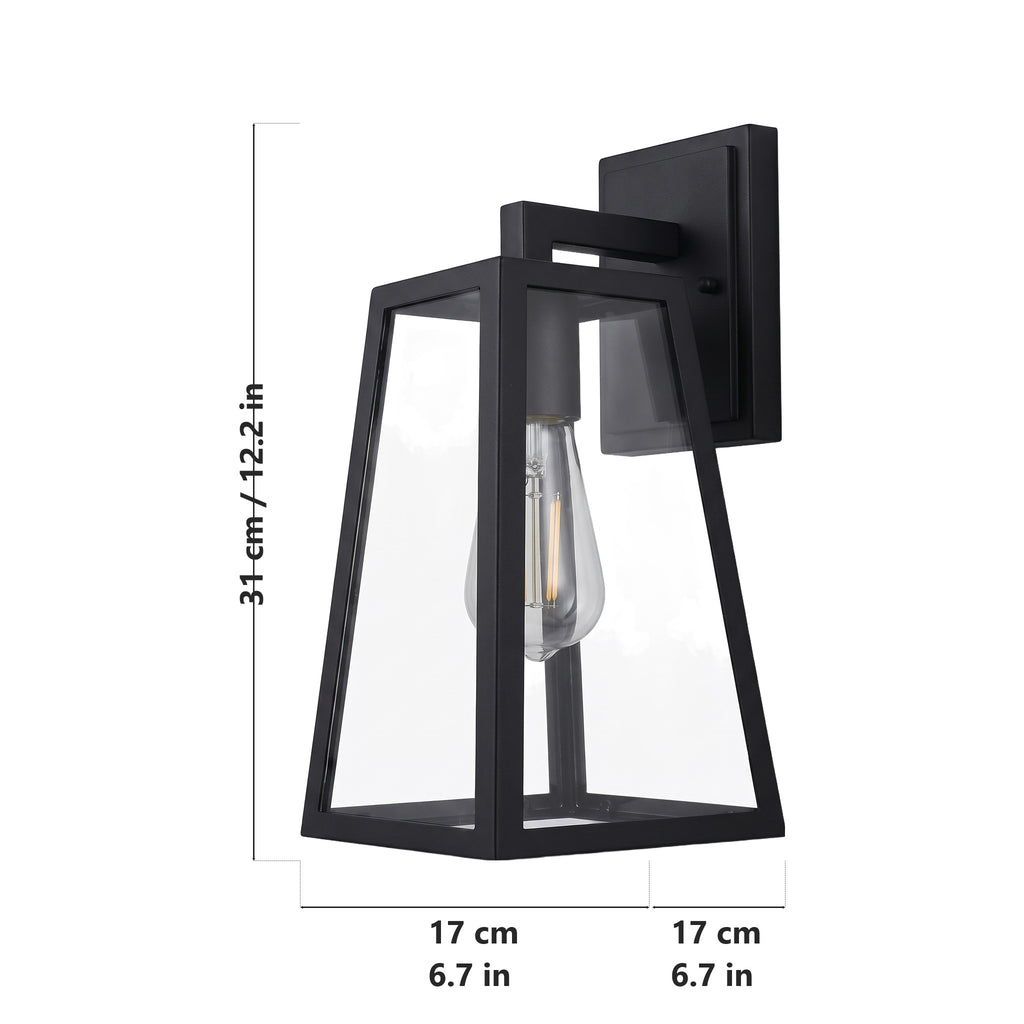 Trapezoid outdoor wall lantern dimensions: 31 cm high, 17 cm wide, 17 cm from the wall